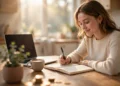 A young woman writing in a budget journal at a sunlit kitchen table with a laptop coffee and gold coins