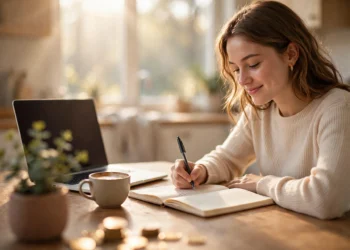A young woman writing in a budget journal at a sunlit kitchen table with a laptop coffee and gold coins