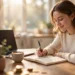 A young woman writing in a budget journal at a sunlit kitchen table with a laptop coffee and gold coins