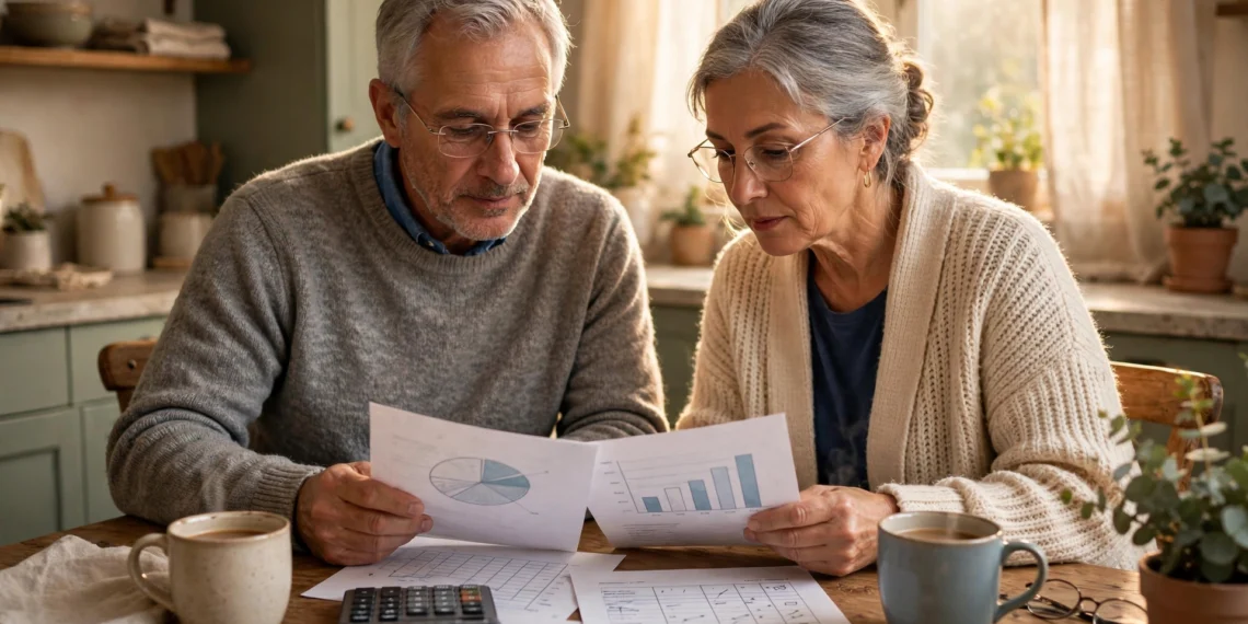 A retired couple reviewing their monthly budget at a kitchen table with a calculator and a benefits statement nearby