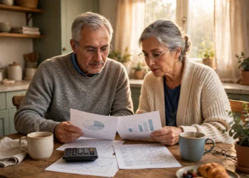 A retired couple reviewing their monthly budget at a kitchen table with a calculator and a benefits statement nearby