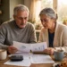 A retired couple reviewing their monthly budget at a kitchen table with a calculator and a benefits statement nearby