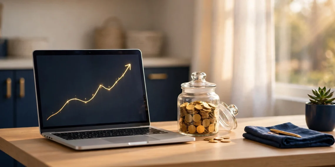 A person reviewing savings accounts on a laptop beside a glass jar filled with gold coins in bright morning light
