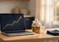 A person reviewing savings accounts on a laptop beside a glass jar filled with gold coins in bright morning light