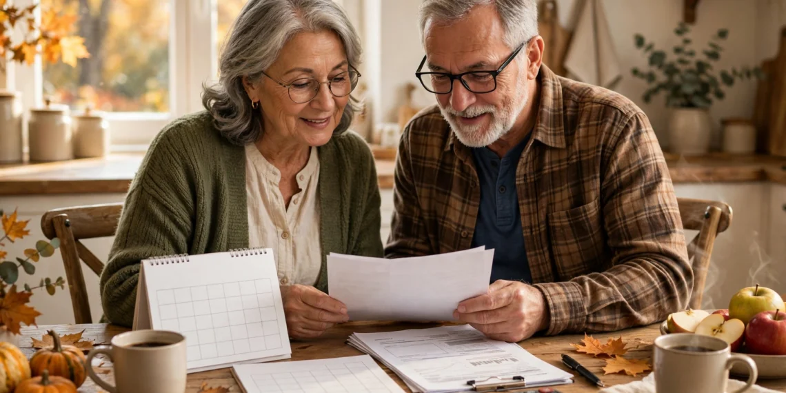 A retired couple reviewing health insurance plan documents and a calendar at a bright kitchen table in warm autumn morning light