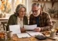 A retired couple reviewing health insurance plan documents and a calendar at a bright kitchen table in warm autumn morning light
