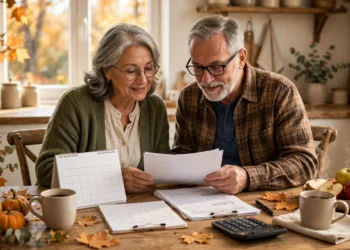A retired couple reviewing health insurance plan documents and a calendar at a bright kitchen table in warm autumn morning light