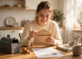 A woman opening a government envelope from her mailbox at a sunlit kitchen table with gold coins and a retirement statement beside her.