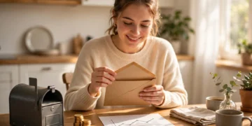 A woman opening a government envelope from her mailbox at a sunlit kitchen table with gold coins and a retirement statement beside her.