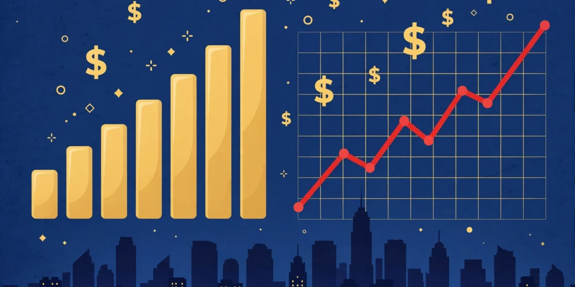 A financial illustration showing rising inflation data on charts with a rising red line over a city skyline and dollar symbols