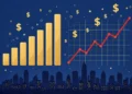 A financial illustration showing rising inflation data on charts with a rising red line over a city skyline and dollar symbols