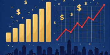 A financial illustration showing rising inflation data on charts with a rising red line over a city skyline and dollar symbols