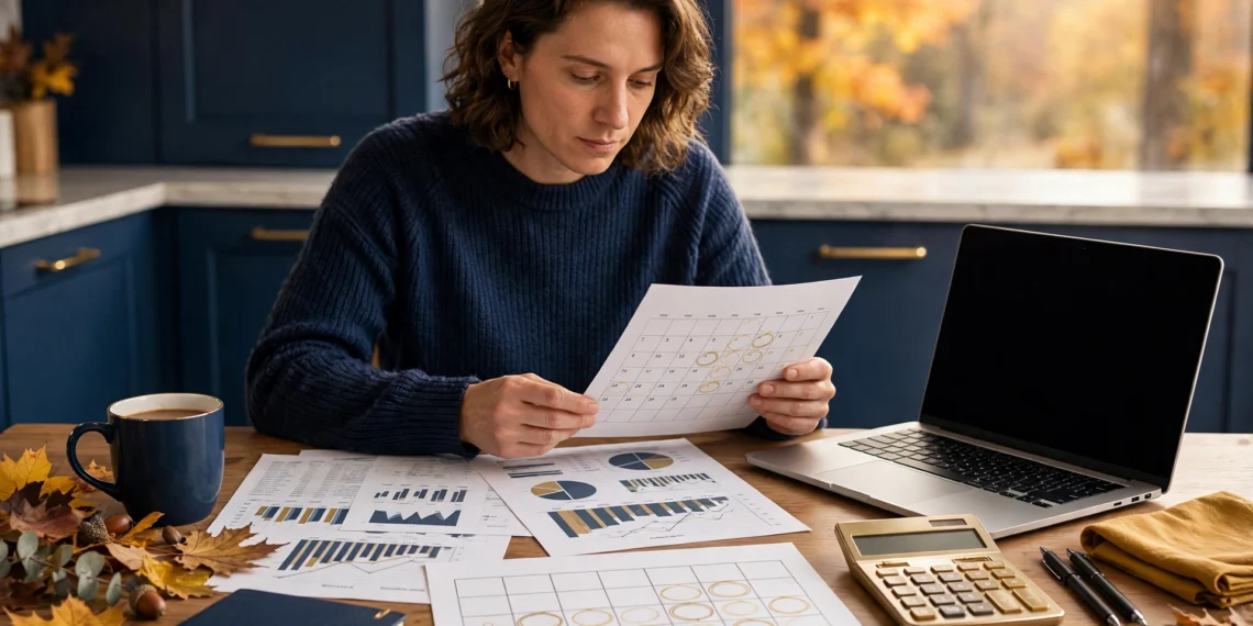 A person reviewing a calendar and financial documents at a kitchen table with a laptop and calculator in bright autumn morning light.