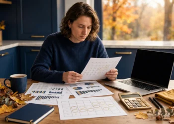 A person reviewing a calendar and financial documents at a kitchen table with a laptop and calculator in bright autumn morning light.