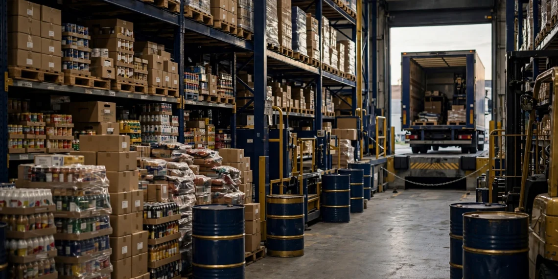 A wholesale warehouse aisle stacked with goods and fuel barrels in navy and gold light showing business costs climbing before they reach store shelves.