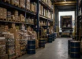 A wholesale warehouse aisle stacked with goods and fuel barrels in navy and gold light showing business costs climbing before they reach store shelves.