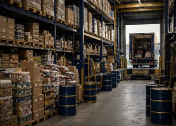 A wholesale warehouse aisle stacked with goods and fuel barrels in navy and gold light showing business costs climbing before they reach store shelves.