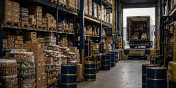 A wholesale warehouse aisle stacked with goods and fuel barrels in navy and gold light showing business costs climbing before they reach store shelves.