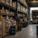 A wholesale warehouse aisle stacked with goods and fuel barrels in navy and gold light showing business costs climbing before they reach store shelves.