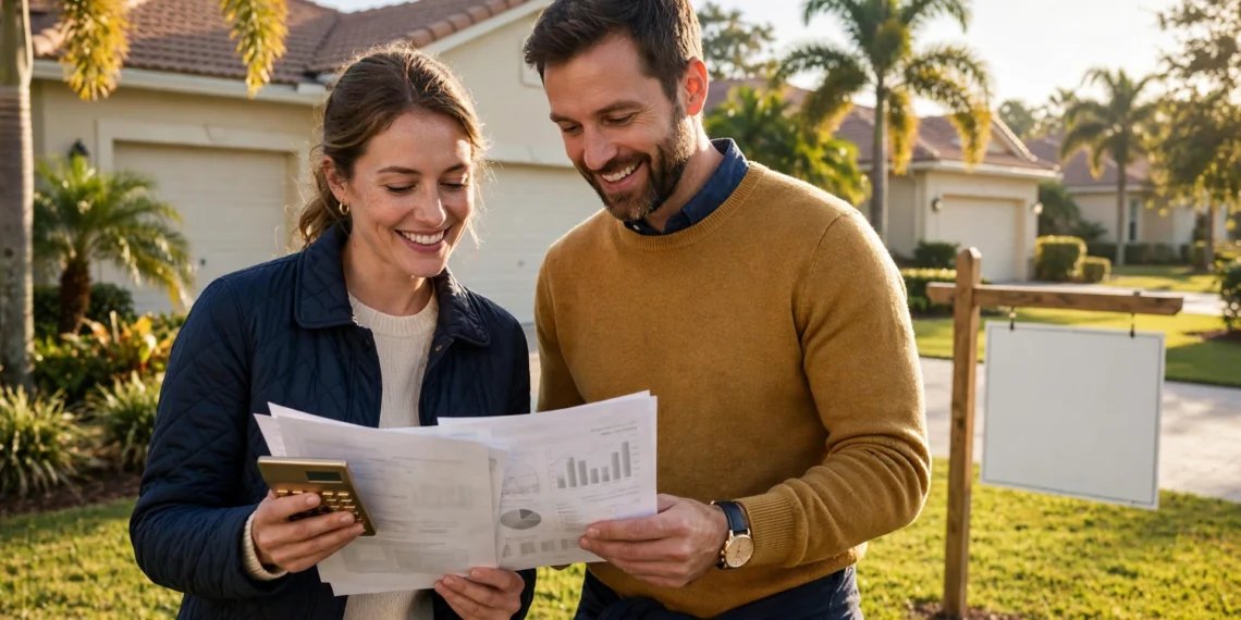 A couple reviewing mortgage papers and a calculator in front of a Florida home with a blank yard sign in warm morning light.