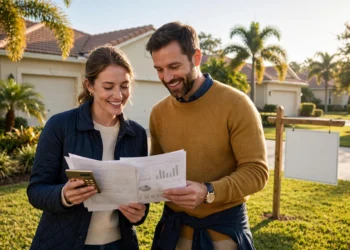 A couple reviewing mortgage papers and a calculator in front of a Florida home with a blank yard sign in warm morning light.