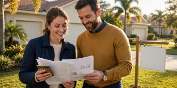A couple reviewing mortgage papers and a calculator in front of a Florida home with a blank yard sign in warm morning light.