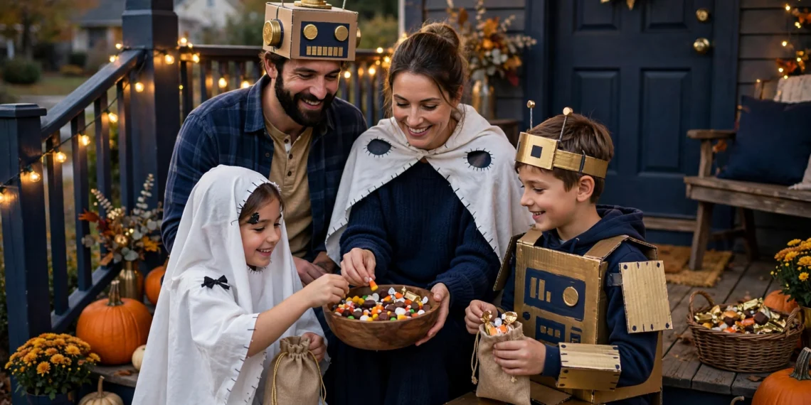 A family in simple homemade costumes sharing candy on a front porch with pumpkins and warm evening light at home.