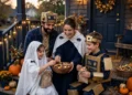 A family in simple homemade costumes sharing candy on a front porch with pumpkins and warm evening light at home.