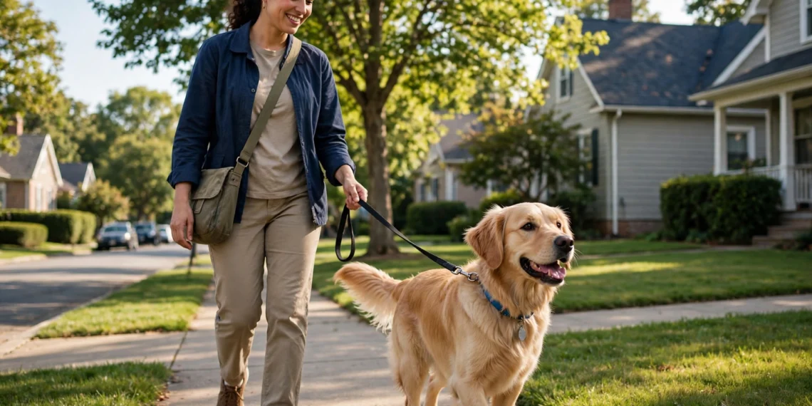 A happy dog on a leash walking with a caring sitter on a sunny neighborhood sidewalk in warm daylight.