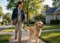 A happy dog on a leash walking with a caring sitter on a sunny neighborhood sidewalk in warm daylight.