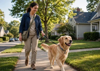 A happy dog on a leash walking with a caring sitter on a sunny neighborhood sidewalk in warm daylight.