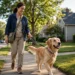 A happy dog on a leash walking with a caring sitter on a sunny neighborhood sidewalk in warm daylight.