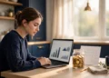 A saver comparing the best CD rates on a laptop beside a glass jar of gold coins and a calendar in bright morning light.