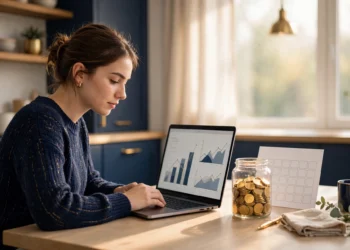 A saver comparing the best CD rates on a laptop beside a glass jar of gold coins and a calendar in bright morning light.