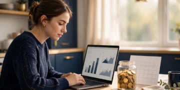 A saver comparing the best CD rates on a laptop beside a glass jar of gold coins and a calendar in bright morning light.