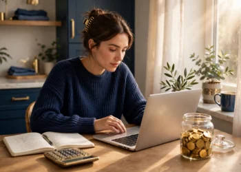 A saver reviewing the Roth IRA contribution limits 2026 on a laptop beside a notebook and a glass jar of gold coins in bright morning light.