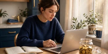 A saver reviewing the Roth IRA contribution limits 2026 on a laptop beside a notebook and a glass jar of gold coins in bright morning light.