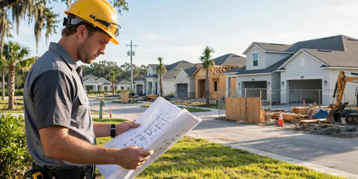 A builder reviewing home builder sentiment data in front of a row of new homes under construction in bright morning light.