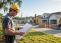 A builder reviewing home builder sentiment data in front of a row of new homes under construction in bright morning light.