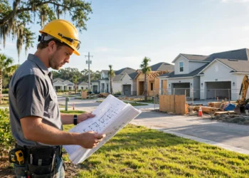A builder reviewing home builder sentiment data in front of a row of new homes under construction in bright morning light.