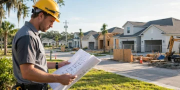 A builder reviewing home builder sentiment data in front of a row of new homes under construction in bright morning light.