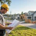 A builder reviewing home builder sentiment data in front of a row of new homes under construction in bright morning light.