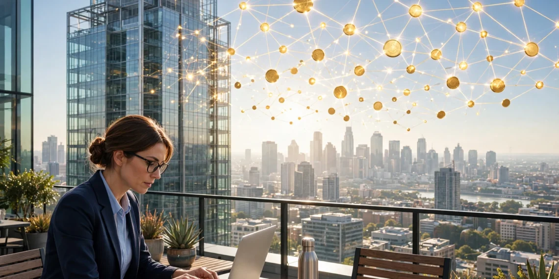 A banker reviewing JPM Coin Ethereum on a laptop beside a glass bank tower and a glowing network of connected coins in bright morning light.