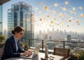 A banker reviewing JPM Coin Ethereum on a laptop beside a glass bank tower and a glowing network of connected coins in bright morning light.