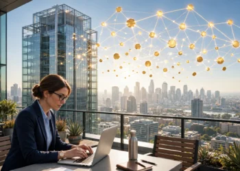 A banker reviewing JPM Coin Ethereum on a laptop beside a glass bank tower and a glowing network of connected coins in bright morning light.