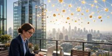 A banker reviewing JPM Coin Ethereum on a laptop beside a glass bank tower and a glowing network of connected coins in bright morning light.