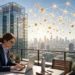 A banker reviewing JPM Coin Ethereum on a laptop beside a glass bank tower and a glowing network of connected coins in bright morning light.