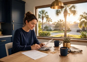 A Florida home with palm trees and a homeowner reviewing a tax bill, showing Florida Amendment 3 explained in plain language.