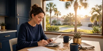 A Florida home with palm trees and a homeowner reviewing a tax bill, showing Florida Amendment 3 explained in plain language.
