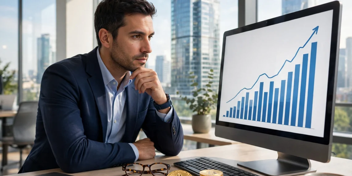 A fund manager reviewing Bitcoin ETF inflows on a screen showing a rising chart beside gold Bitcoin coins in bright morning light.